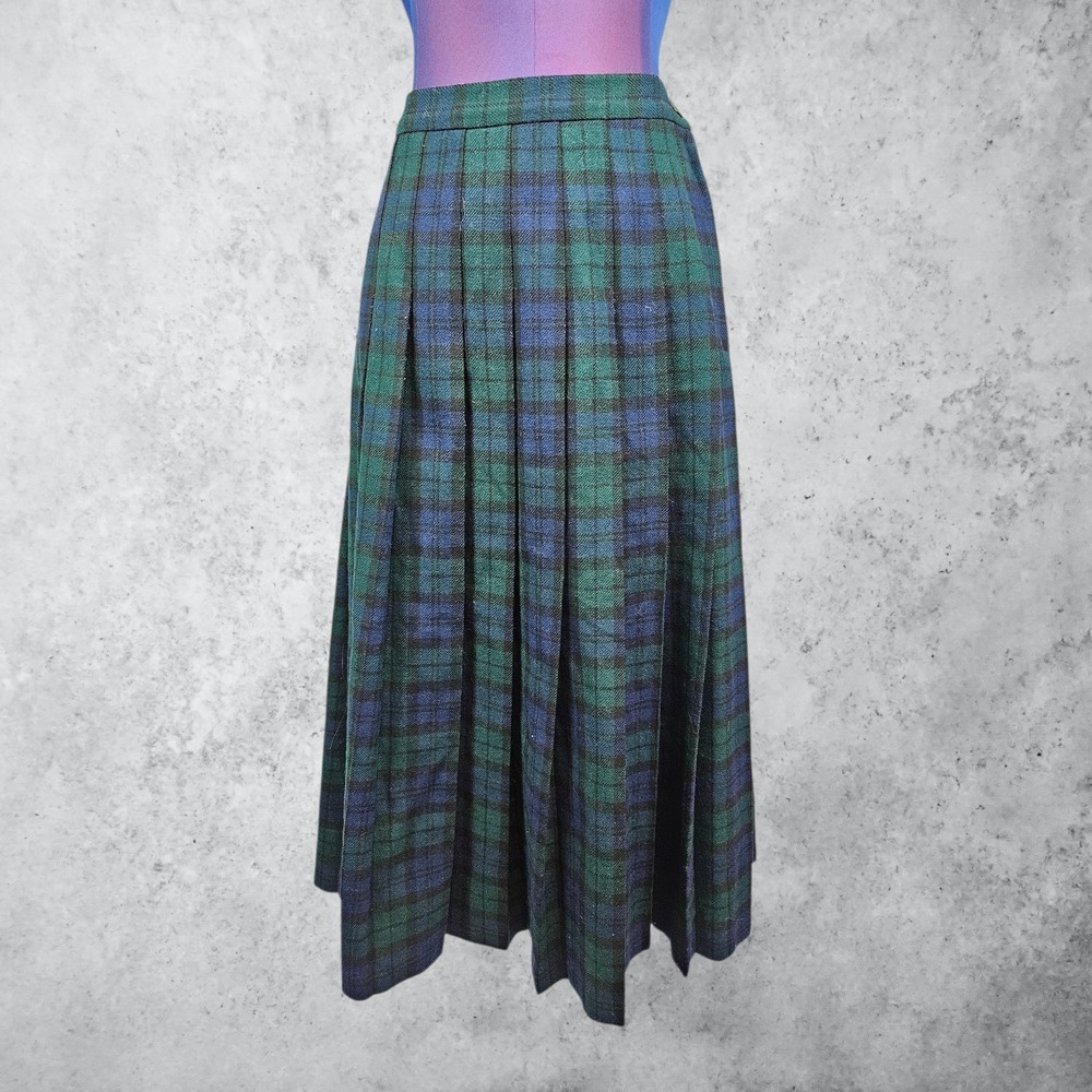 Vintage Pendleton Black Watch Tartan Plaid Wool Pleated Maxi Skirt Size 12 E22